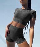 OLCHEE Womens Workout Sets 2 Piece - Seamless Acid Wash Yoga Outfits Leggings Shorts and Crop Top Matching Gym Activewear Athletic Clothing Set - Black Medium