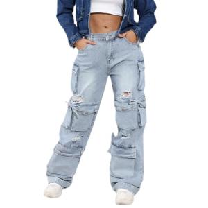 ThusFar Women's High Waist Baggy Jeans Flap Pocket Relaxed Fit Cargo Jeans Straight Wide Leg Ripped Denim Pants XXL Blue