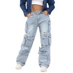 ThusFar Women's High Waist Baggy Jeans Flap Pocket Relaxed Fit Cargo Jeans Straight Wide Leg Ripped Denim Pants XXL Blue