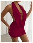 SOLY HUX Women's Sexy Deep V Neck Halter Bodycon Mini Dress Sleeveless Party Club Dresses Solid Burgundy Small