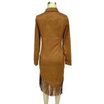 Laeuokie Women’s Western Fringe Midi Dress Faux Suede Half Zip V Neck Long Sleeve Cowgirl Boho Dress for Fall Winter (US, Alpha, Large, Regular, Regular, Dark Brown)