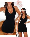 OZICERD Bodycon Halter Mini Dresses for Women Going Out Club Dress Backless V Neck Summer Short Dress Cocktail Party Dresses Black M