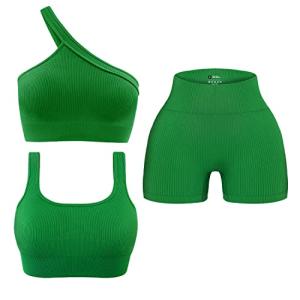 OLCHEE Womens 3 Piece Workout Sets - Seamless Ribbed Yoga Outfits Sports Bra One Shoulder Top and Biker Shorts - Green Small