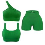OLCHEE Womens 3 Piece Workout Sets - Seamless Ribbed Yoga Outfits Sports Bra One Shoulder Top and Biker Shorts - Green Small