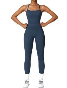 Womens Workout Sets Two Piece Seamless Stretch Cross Back Tank Top Matching Tummy Control High Waist Leggings Set 2 Piece For Women Gym Yoga Active Wear Outfits Athletic Work Out Clothes Dark Blue S