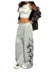 SOLY HUX Women's Y2k Baggy Sweatpants Wide Leg Graphic Grunge Goth 2000s Emo Pants Streetwear with Pockets Light Grey Graphic Medium