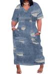 SUZONANA Plus Size Dresses for Women Casual Denim Print V Neck Short Sleeve Maxi Dress Trendy Jean Ripped Streetwear Long Curvy Fashion Party Sundress