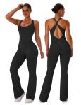 TDIFFUN Flare Workout Jumpsuits for Women One Piece Sleeveless Scrunch Butt Lifting Gym Bodysuit Sexy Backless Yoga Outfits - Black, Medium
