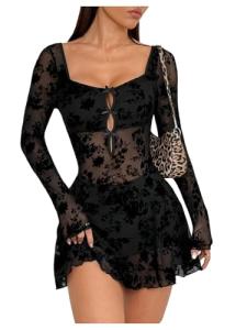 Milumia Women's Floral Lace Cut Out Mini Dress Sexy Long Sleeve Bow Decor Party Club Mesh Short Dresses Black Petite-S