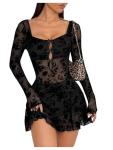 Milumia Women's Floral Lace Cut Out Mini Dress Sexy Long Sleeve Bow Decor Party Club Mesh Short Dresses Black Petite-S