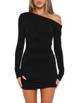 Mokoru Women's Sexy Elegant Off Shoulder Long Sleeve Ruched Bodycon Cocktail Party Mini Dresses, Medium, Black