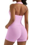 OMKAGI 2 Piece Workout Sets for Women Halter Sports Bra Tank Gym Biker Shorts Outfits(M,431-Light Pink)