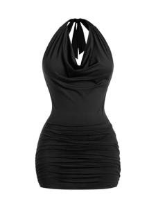 Verdusa Women's Backless Halter Cowl Neck Dress Summer Party Ruched Bodycon Mini Dresses Black Small