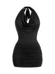 Verdusa Women's Backless Halter Cowl Neck Dress Summer Party Ruched Bodycon Mini Dresses Black Small