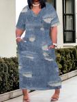SUZONANA Plus Size Dresses for Women Casual Denim Print V Neck Short Sleeve Maxi Dress Trendy Jean Ripped Streetwear Long Curvy Fashion Party Sundress