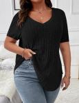 Koscacy Plus Size V Neck Black Short Sleeve Top