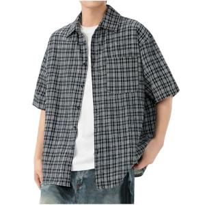 Men Short Sleeve Plaid T-Shirts Cotton Summer Casual Button Down Blouses Fashion Streetwear Curvy Hem Shirt Jackets