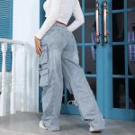 ThusFar Women's High Waist Baggy Jeans Flap Pocket Relaxed Fit Cargo Jeans Straight Wide Leg Ripped Denim Pants XXL Blue