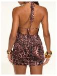 SOLY HUX Women's Leopard Mesh Dress Y2k Deep V Open Back Halter Bodycon Mini Dresses Rave Outfit Brown Leopard X-Large