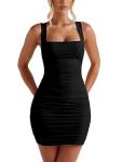 BORIFLORS Women's Sexy Bodycon Corset Mini Dresses Square Neck Ruched Sleeveless Club Party Short Dress, X-Large, Black