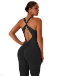 TDIFFUN Flare Workout Jumpsuits for Women One Piece Sleeveless Scrunch Butt Lifting Gym Bodysuit Sexy Backless Yoga Outfits - Black, Medium