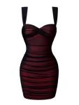 LAGSHIAN Women's Summer Sexy Bodycon Sleeveless Tank Straps Mesh Ruched Mini Party Dress Black Red