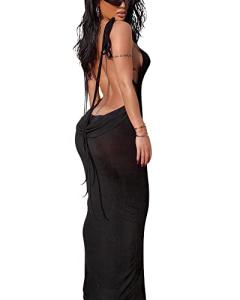 Doweha Women Backless Cowl Neck Cocktail Dress Halter Slip Long Semi Formal Party Going Out 2026 Spring Summer Maxi Dress Black M