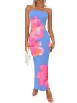PRETTYGARDEN Women Summer Strapless Maxi Dress Bodycon Floral Sexy Long Wedding Guest Dress Formal Tube Mesh Cocktail Dresses(Blue Pink Floral,X-Small)