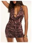 SOLY HUX Women's Leopard Mesh Dress Y2k Deep V Open Back Halter Bodycon Mini Dresses Rave Outfit Brown Leopard X-Large