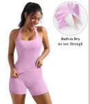 OMKAGI 2 Piece Workout Sets for Women Halter Sports Bra Tank Gym Biker Shorts Outfits(M,431-Light Pink)