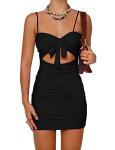 BORIFLORS Women's Sexy Bodycon Cut Out Ruched Backless Spaghetti Strap Mini Club Party Dresses, Small, Black