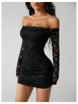 GORGLITTER Women's Lace Long Sleeves Mini Dress Y2K Fall Sexy Off The Shoulder Bodycon Night Out Birthday Party Dresses Black Medium