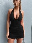 HOCILLE Women's Sexy Halter Bodycon V Neck Backless Ruched Drawstring Mini Club Party Dresses, Small, Black