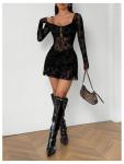 Milumia Women's Floral Lace Cut Out Mini Dress Sexy Long Sleeve Bow Decor Party Club Mesh Short Dresses Black Petite-S