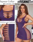 Avidlove Women's Fishnet Lingerie Mini Babydoll Sexy Club Bodycon Cut-out Party Dress Purple