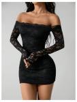 GORGLITTER Women's Lace Long Sleeves Mini Dress Y2K Fall Sexy Off The Shoulder Bodycon Night Out Birthday Party Dresses Black Medium