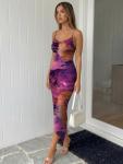 Trendy Queen Women Sexy Midi Bodycon Dress Backless 2026 Summer Spring Wedding Guest Beach Vacation Clothes Floral Tropical Party Club Going Out Cocktail Date Night Baby Shower Outfits Purple