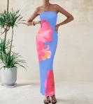 PRETTYGARDEN Women Summer Strapless Maxi Dress Bodycon Floral Sexy Long Wedding Guest Dress Formal Tube Mesh Cocktail Dresses(Blue Pink Floral,X-Small)
