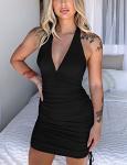 HOCILLE Women's Sexy Halter Bodycon V Neck Backless Ruched Drawstring Mini Club Party Dresses, Small, Black
