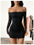 GORGLITTER Women's Lace Long Sleeves Mini Dress Y2K Fall Sexy Off The Shoulder Bodycon Night Out Birthday Party Dresses Black Medium