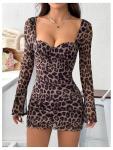 SOLY HUX Women's Leopard Print Long Sleeve Backless Bodycon Mini Dress Music Festival Outfits Clubwear Brown Leopard Medium