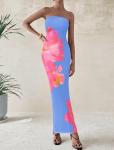 PRETTYGARDEN Women Summer Strapless Maxi Dress Bodycon Floral Sexy Long Wedding Guest Dress Formal Tube Mesh Cocktail Dresses(Blue Pink Floral,X-Small)