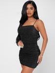 Floerns Women's Glitter Sleeveless Ruched Party Clubwear Bodycon Mini Dress Black Petite L