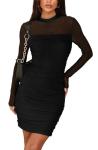 WIHOLL Womens Mesh Sheer Long Sleeve Ruched Mini Dress Fall Sexy Bodycon Little Short Mock Neck Date Night Outfits Holiday Formal Cocktail Party Club HOCO Dresses 2025 Black L