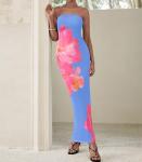 PRETTYGARDEN Women Summer Strapless Maxi Dress Bodycon Floral Sexy Long Wedding Guest Dress Formal Tube Mesh Cocktail Dresses(Blue Pink Floral,X-Small)