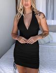HOCILLE Women's Sexy Halter Bodycon V Neck Backless Ruched Drawstring Mini Club Party Dresses, Small, Black