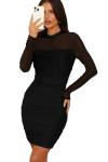 WIHOLL Womens Mesh Sheer Long Sleeve Ruched Mini Dress Fall Sexy Bodycon Little Short Mock Neck Date Night Outfits Holiday Formal Cocktail Party Club HOCO Dresses 2025 Black L