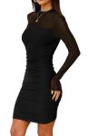 WIHOLL Womens Mesh Sheer Long Sleeve Ruched Mini Dress Fall Sexy Bodycon Little Short Mock Neck Date Night Outfits Holiday Formal Cocktail Party Club HOCO Dresses 2025 Black L