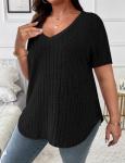 Koscacy Plus Size V Neck Black Short Sleeve Top