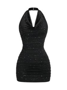 Black Glitter Halter Mini Dress for Parties